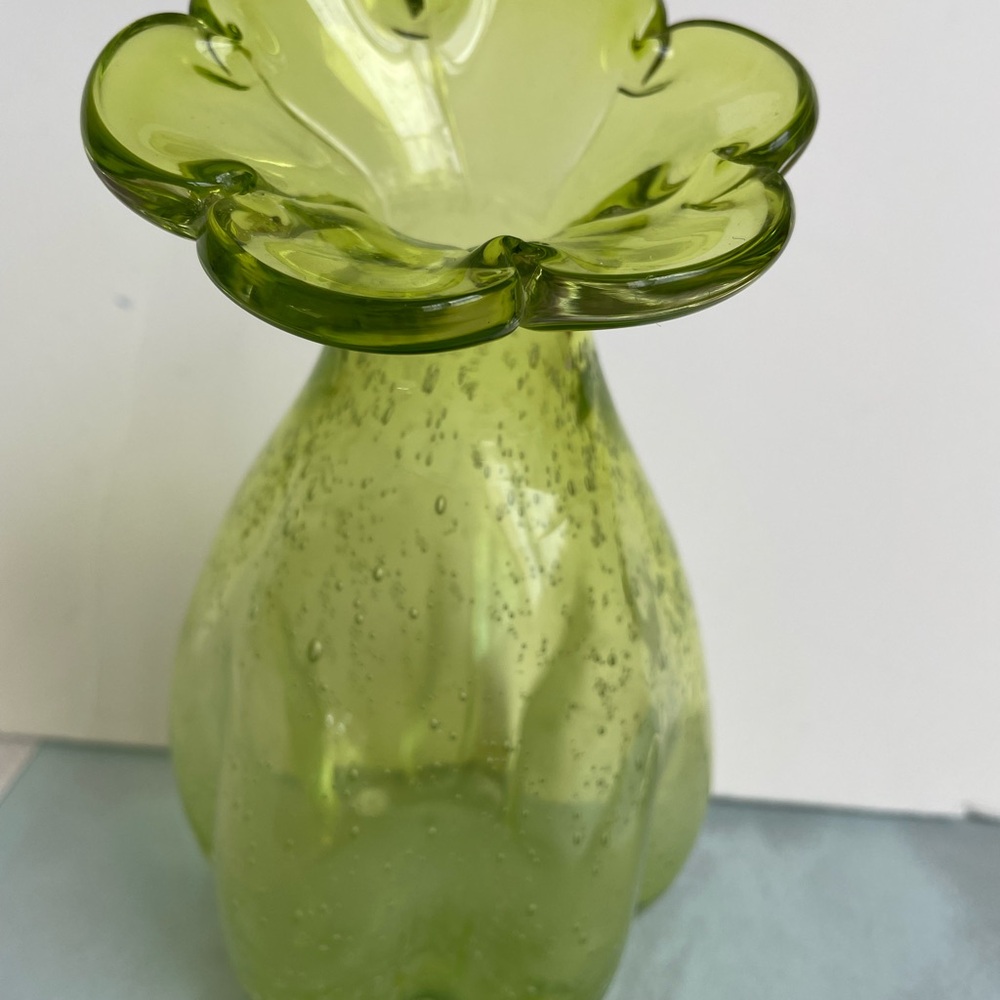 Green Bubble Glass Flower Vase 7.5" Tall